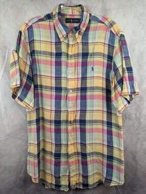 Polo Ralph Lauren Plaid Linen Button Down Short Sleeve Shirt Navy Pony XL